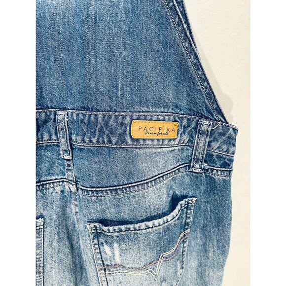 PacifiKa denim overalls romper jeans button fly pockets patched blue women's M - Picture 7 of 8